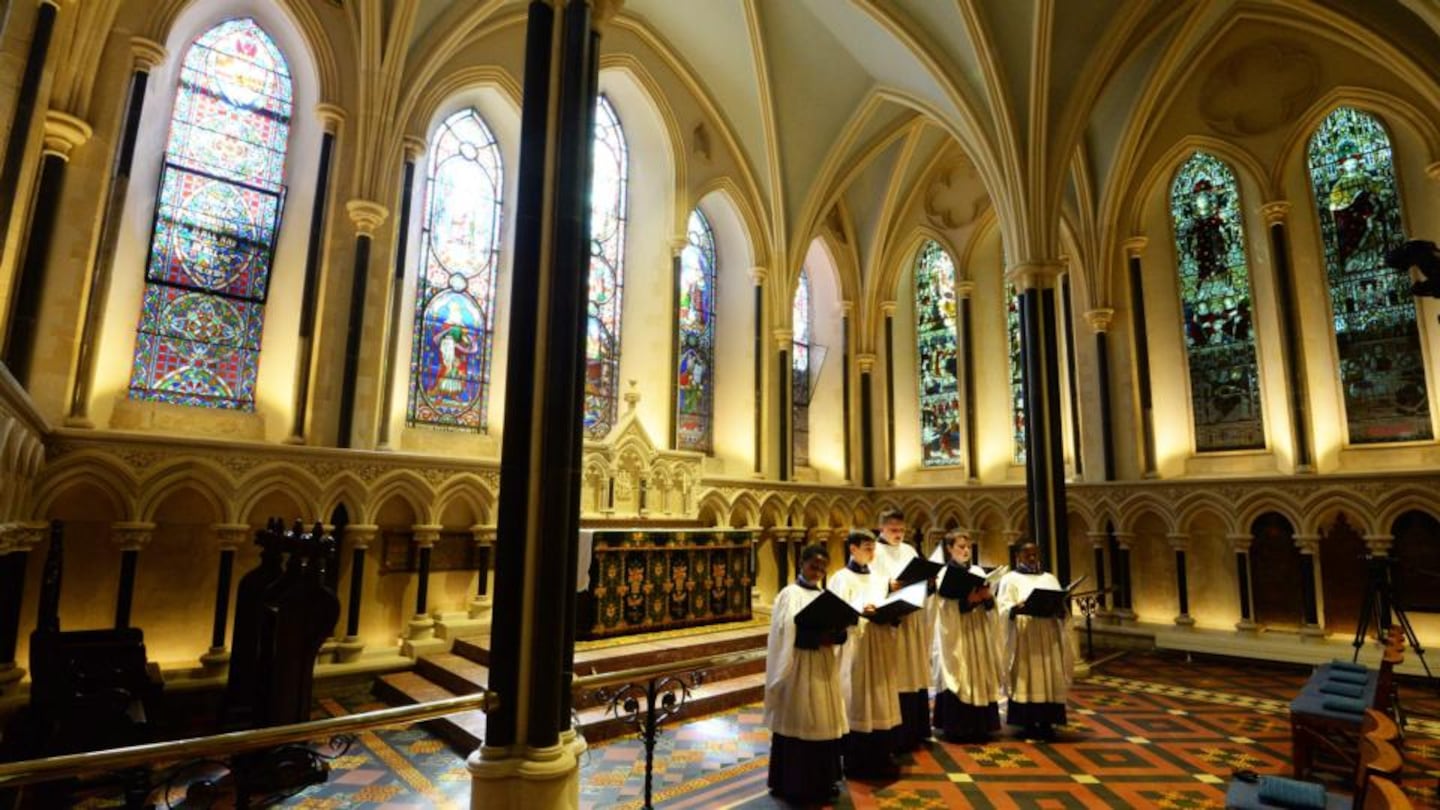 From left: Emmanuel Dascalu, Sam Ulogwara , Cameron Lally, Geroge Ndegwe and Thomas Mazwell, members of St Patrick’s Cathedral choir school, in the refurbished Lady Chapel yesterday. Photograph: Cyril Byrne