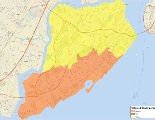 A map issued by the governor's office shows the orange-zone designation for Staten Island's South Shore.