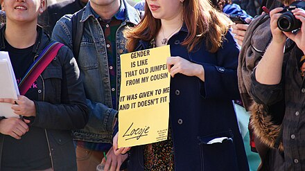 A sign at a trans rights rally: "Gender is like that old jumper from my cousin: It was given to me and it doesn't fit."