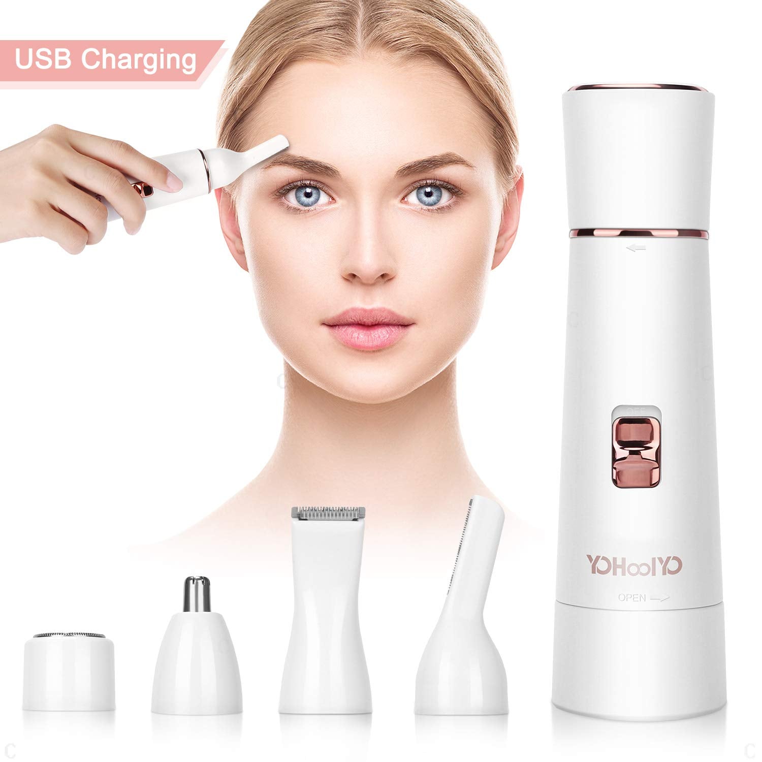 YOHOOLYO Women Hair Remover Facial Hair Removal for Women 4 in 1 Waterproof Including Eyebrow Razor Nose Trimmer Facial Shaver Body Shaver USB Charging