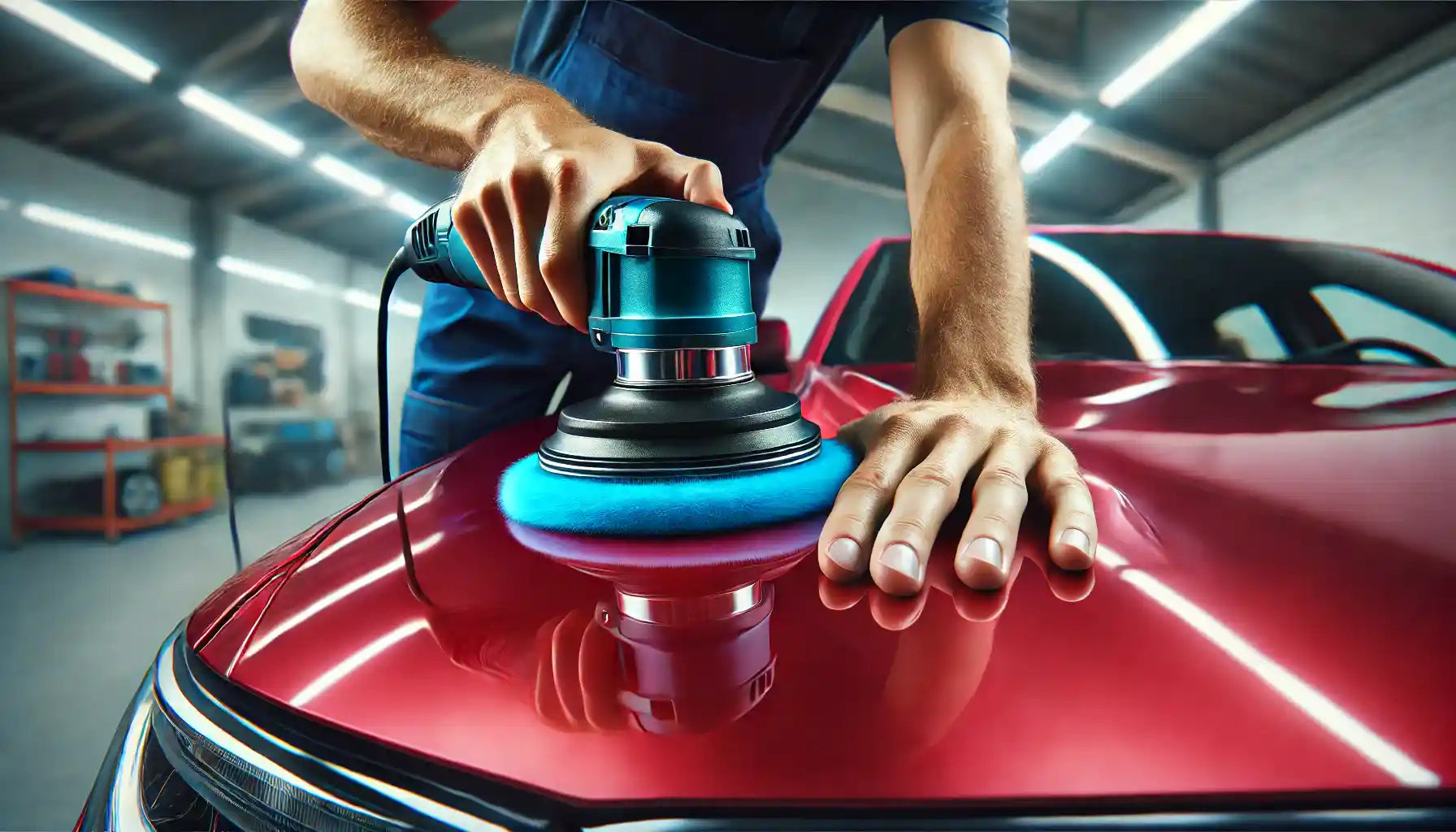 A person using an electric polisher on a red car, highlighting the benefits of waxing car