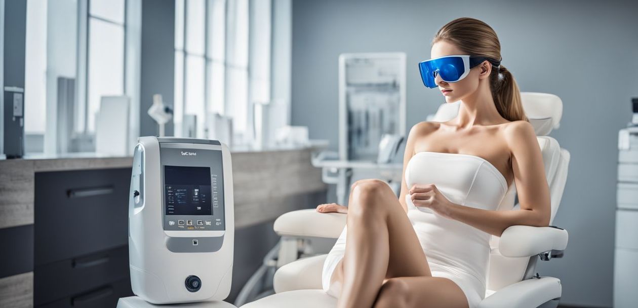 A woman wearing protective eyewear is by the laser hair removal machine in a modern clinical environment