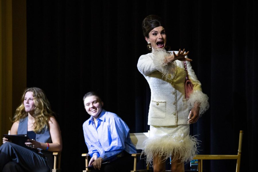 Dylan Mulvaney waves off stage at a Rainbow Alliance and Pitt Program Council event in the William Pitt Union on Wednesday.