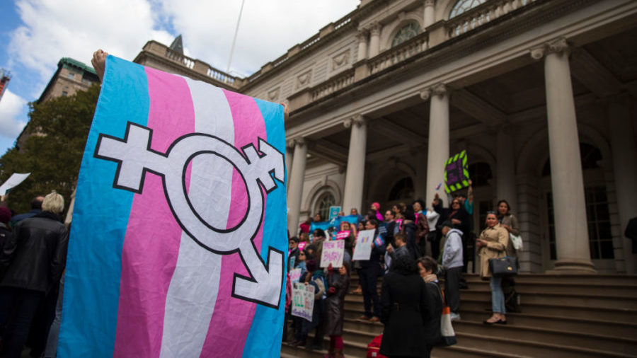 L.G.B.T. activists and their supporters rally in support of transgender people on the steps of New York City Hall in 2018. (File photo by Drew Angerer/Getty Images)