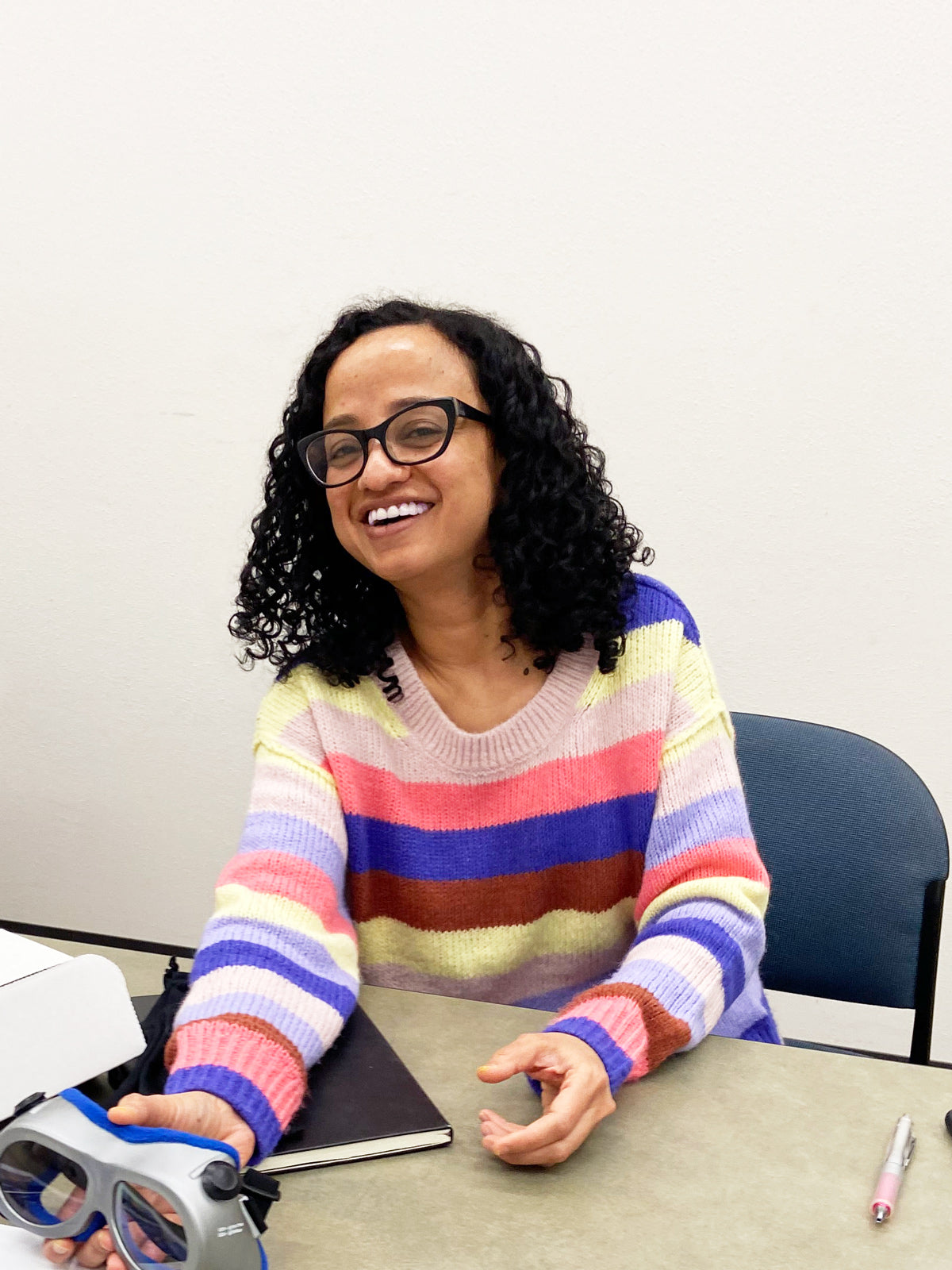 Pictured: Bindu Timilsina, Laser Safety Officer, demonstrates laser PPE during an initial interview for this story in in February 2020