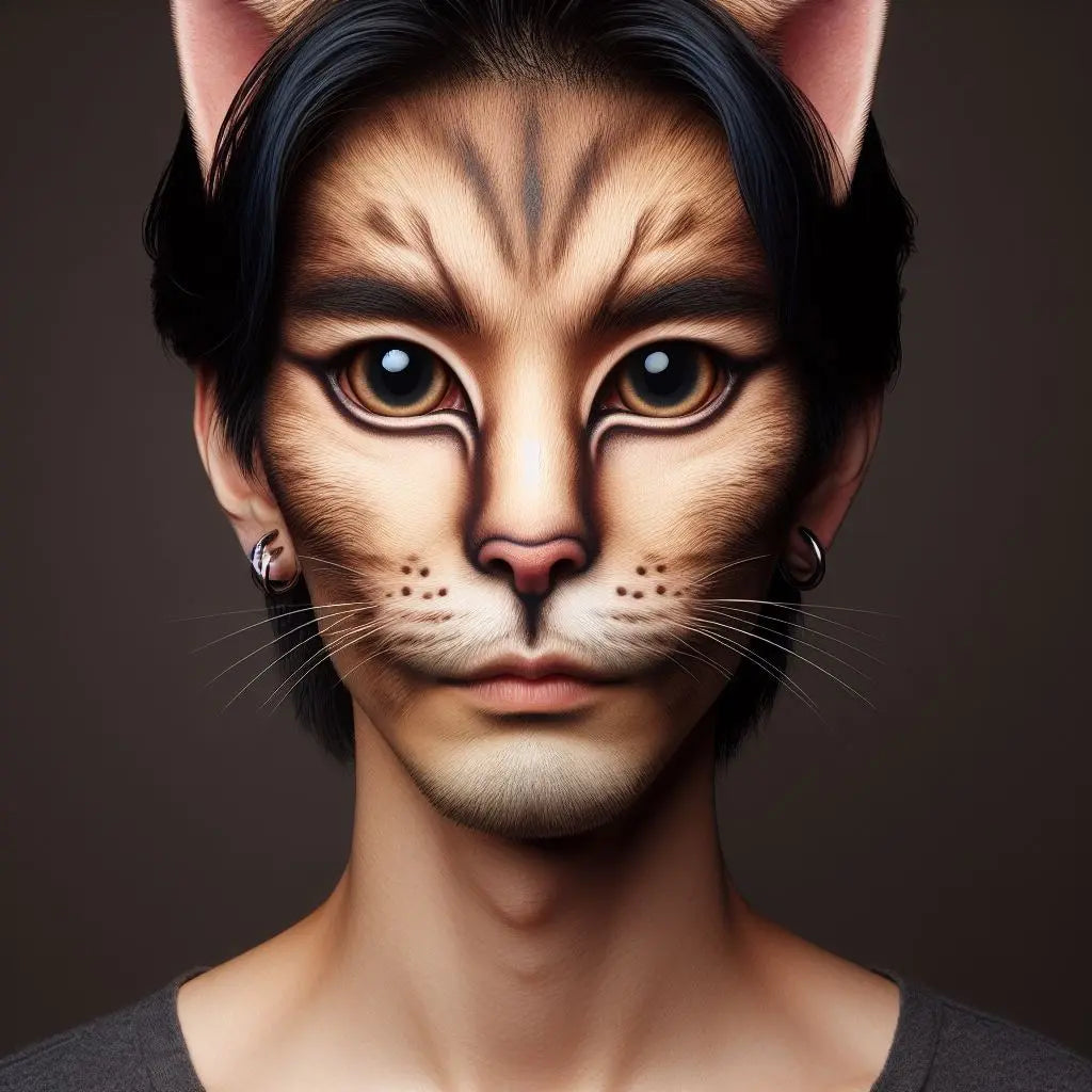 Generic person who has had plastic surgery to look like a cat. I find this image more acceptable as it is not real. Image: DALL-E 3