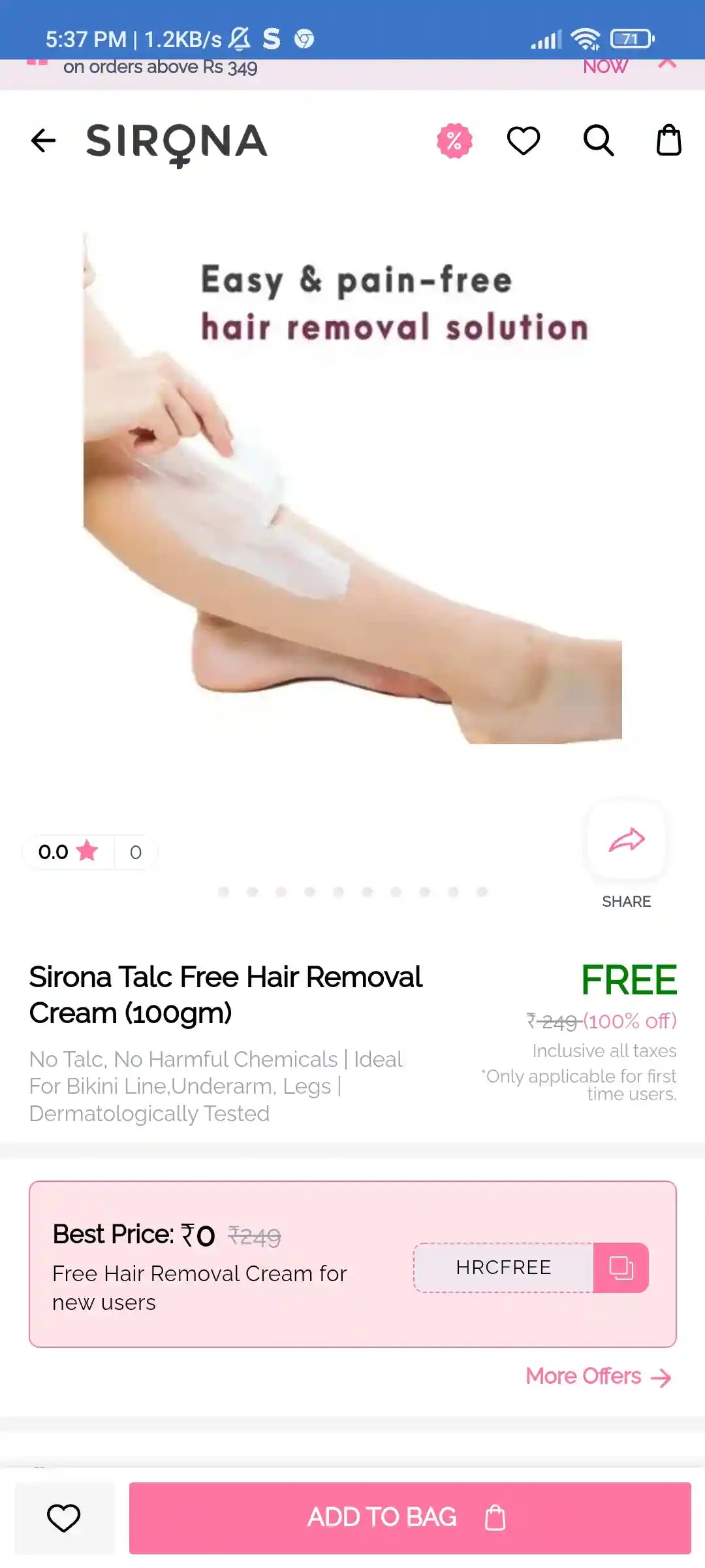 FREE SIRONA TALC HAIR REMOVAL CREAM