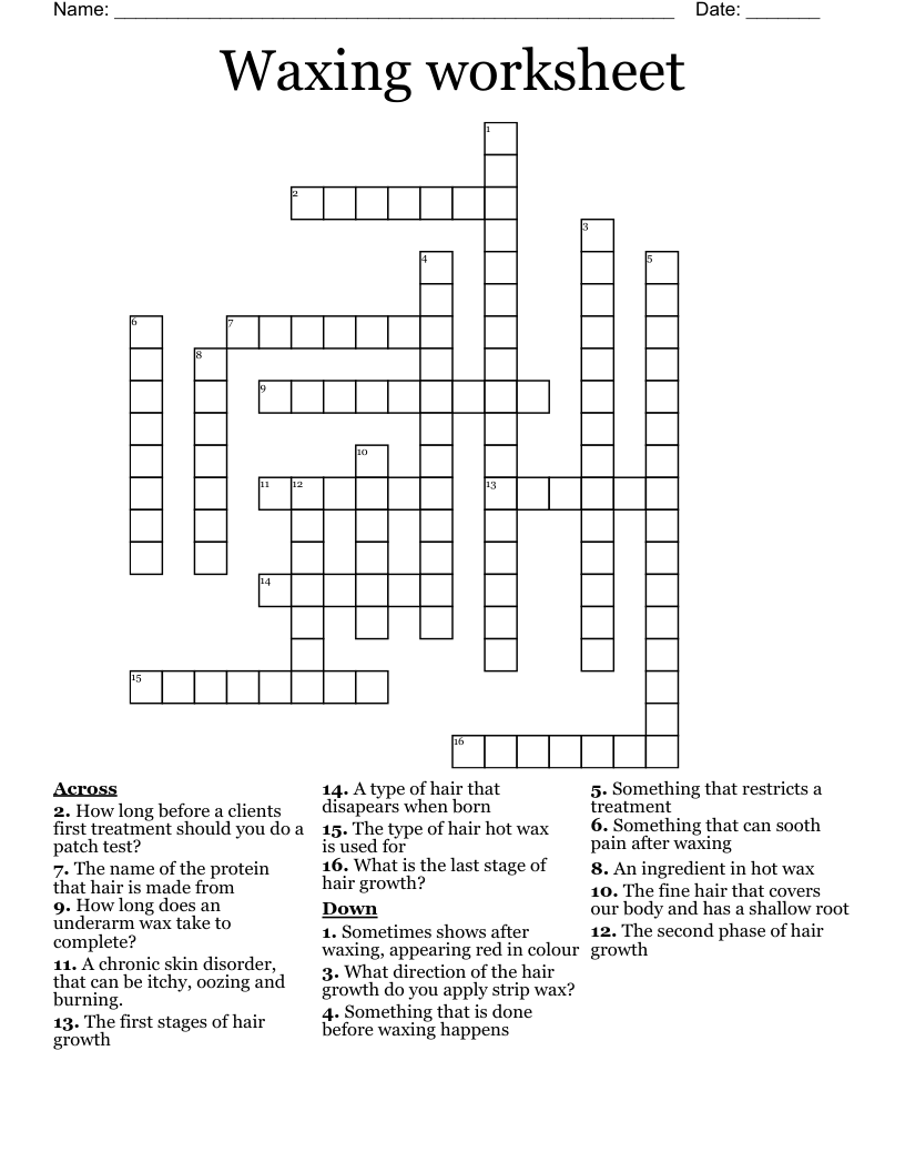 Waxing worksheet Crossword