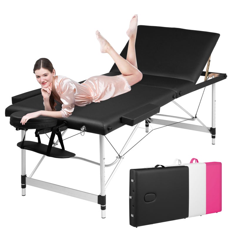 Advwin 70CM Portable Massage Table 3 Fold Aluminum Beauty Spa Therapy Waxing Bed Height Adjustable Black