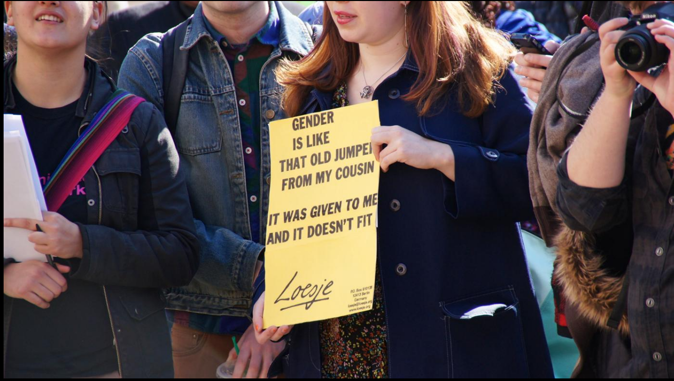 A sign at a trans rights rally: "Gender is like that old jumper from my cousin: It was given to me and it doesn't fit." https://handwiki.org/wiki/index.php?curid=1712778